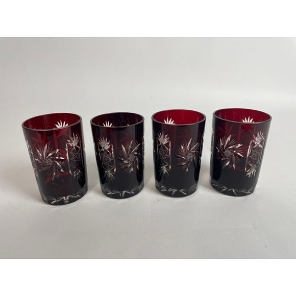 Unmarked Other - SET OF 4 RUBY RED BOHEMIAN CRYSTAL CUT TO CLEAR WHISKEY TUMBLER BAR GLASSES